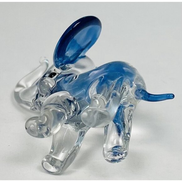 VTG Miniature 2" Handblown Glass Clear & Blue ELEPHANT Figurine Trunk Raised EUC - Picture 5 of 5